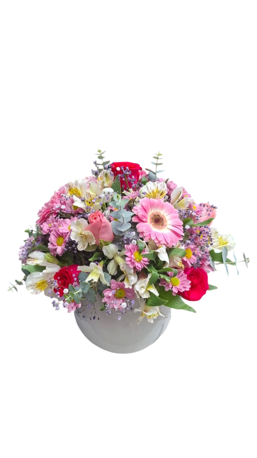 pecera blanca con gerberas y rosas
