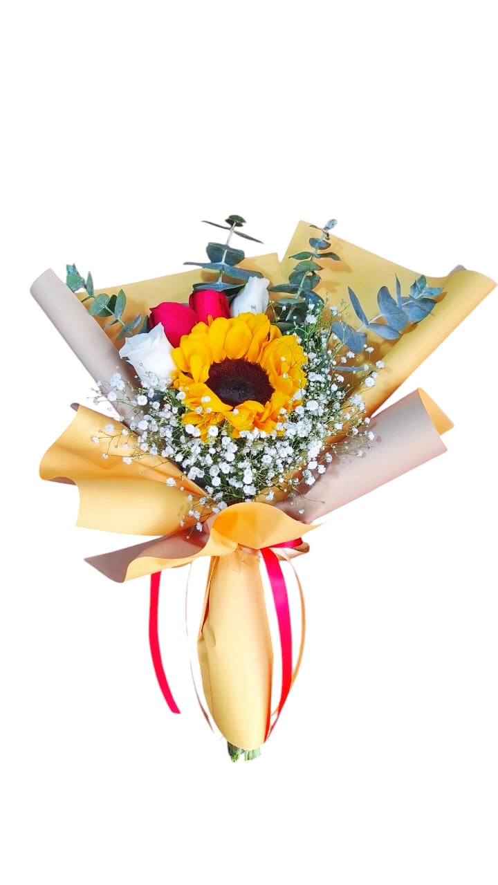 ramo de un girasol y 3 rosas